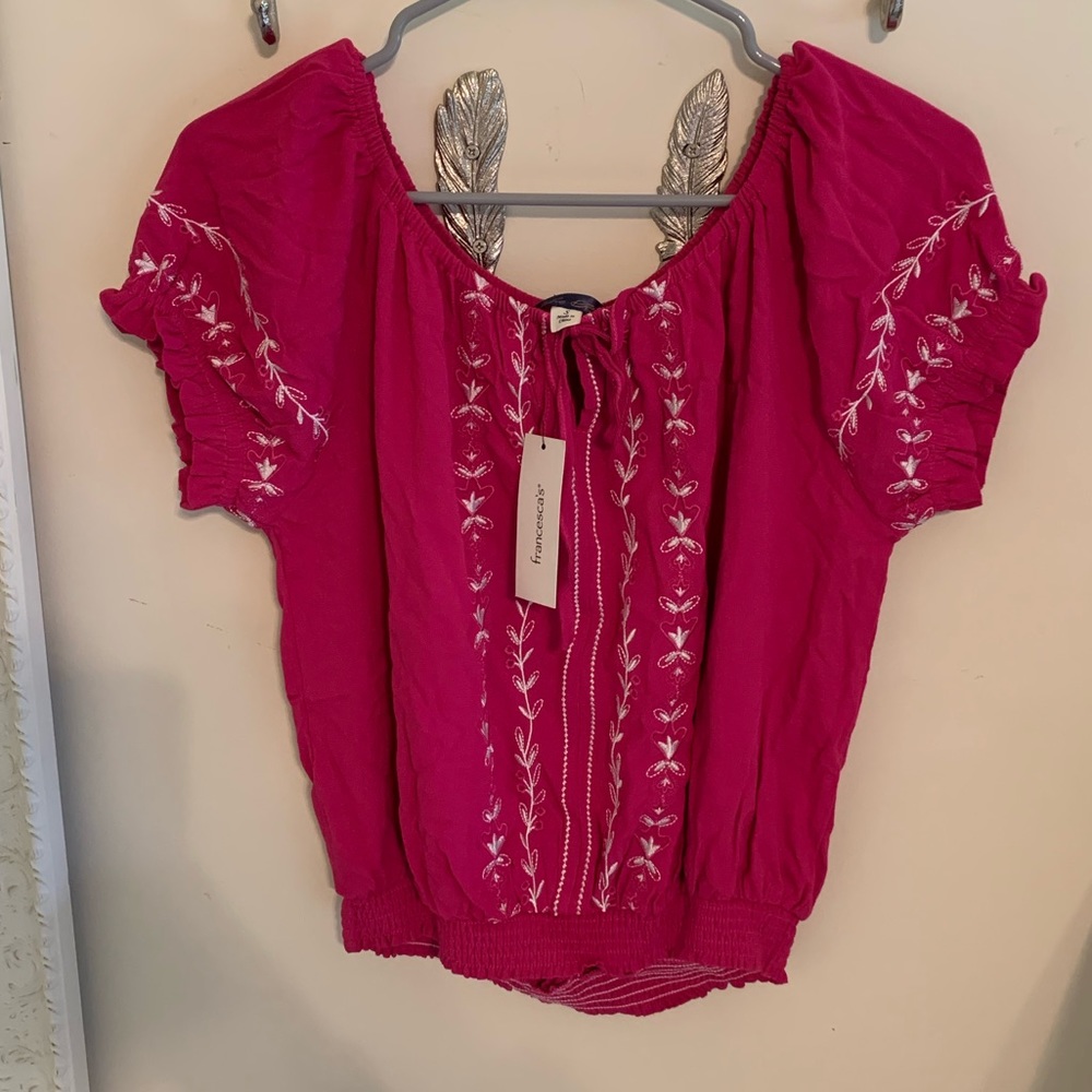 Pink smocked on or off the shoulder top